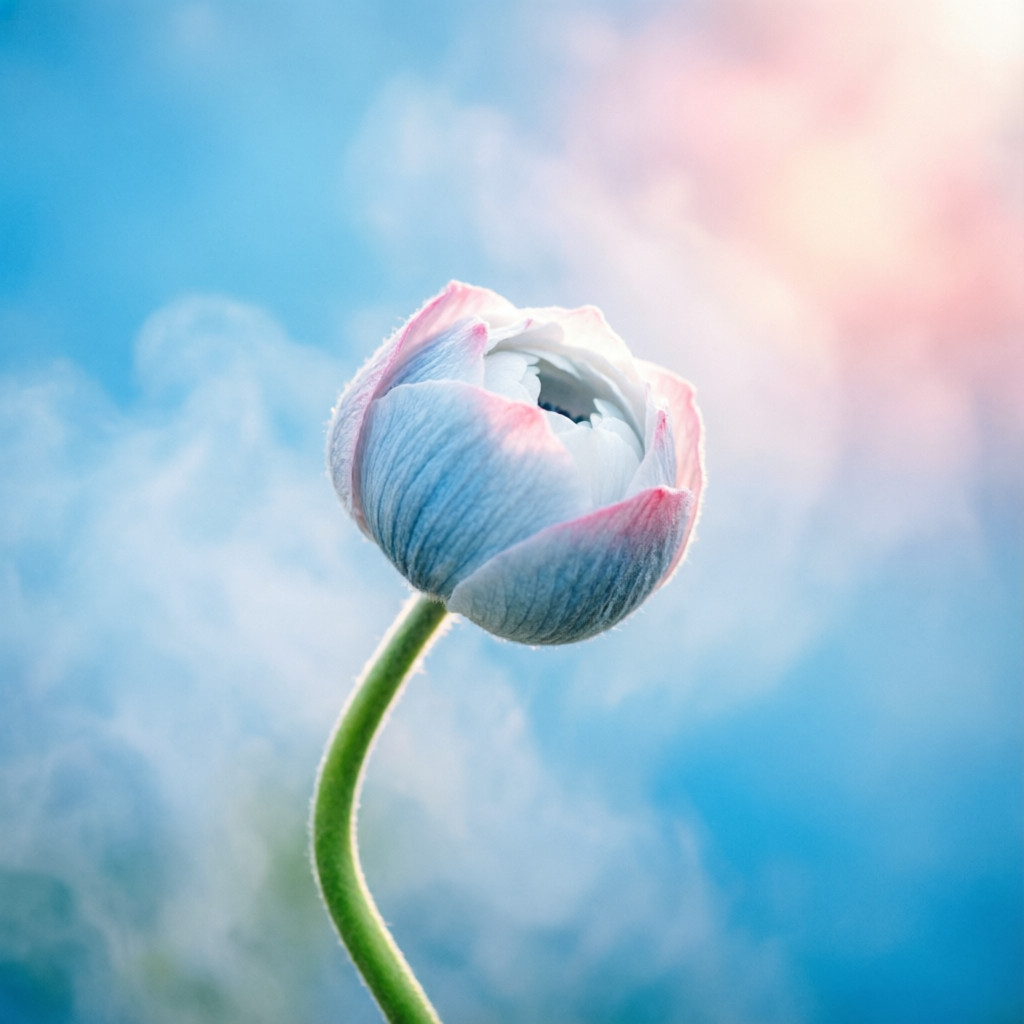 Flor cerrándose en tonos azul y rosa